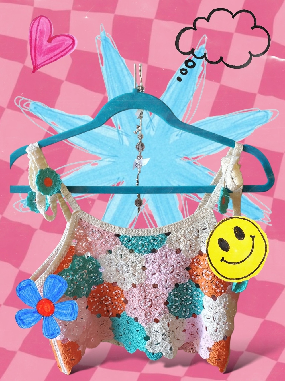 POL Dreamy Daisy Crochet Floral Tank Top in Teal, Orange, Pink & White sS